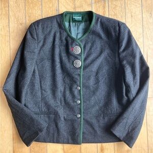 Geiger Green Charcoal Austria 100% Wool Jacket Cardigan Floral Button, Size 46